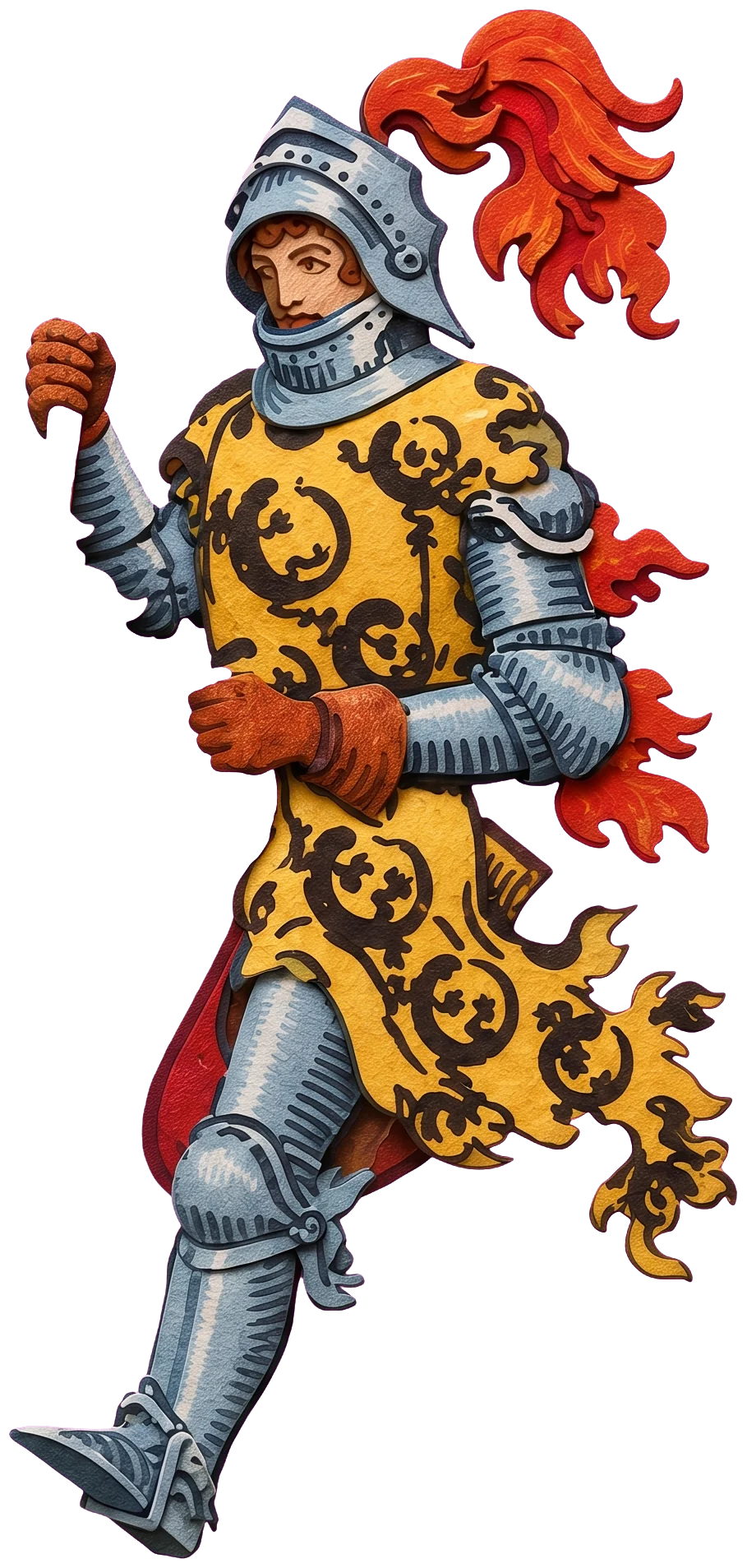 The knight's face inside a silver helmet, with a large orange-red plume flowing behind like fire