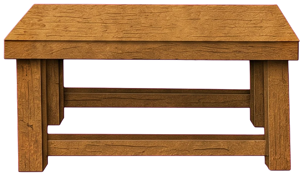 A brown wooden bench under the man's white striped robe, with his red stockings and beige shoes below it