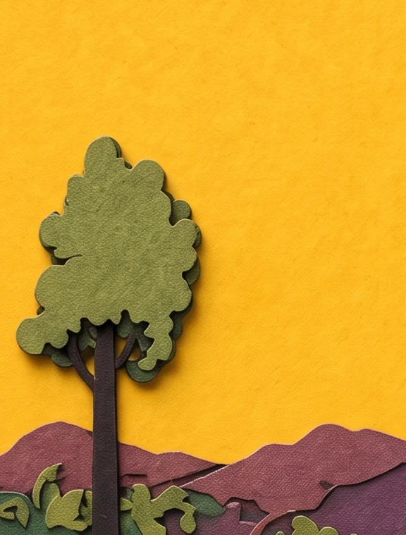 A bright yellow sky over purple hills, with a round green tree on a dark trunk at the left