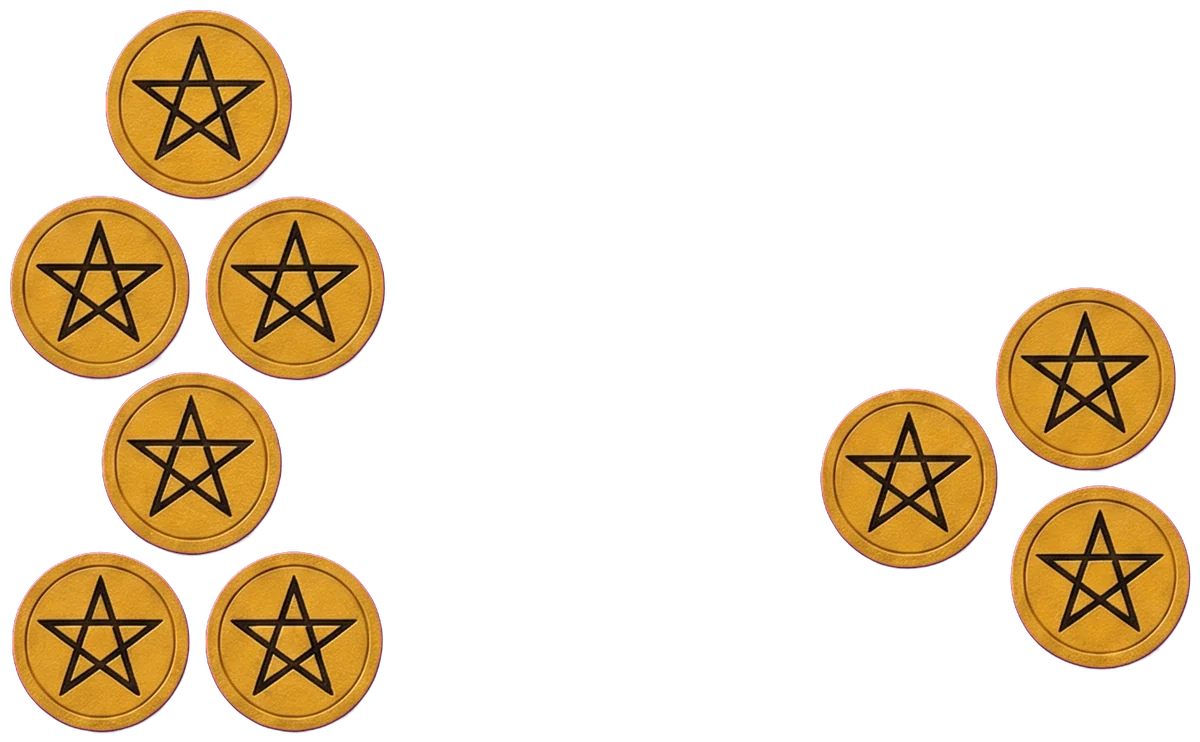The woman's hand resting on the top gold pentacle of a stack of six, set among vines and grapes