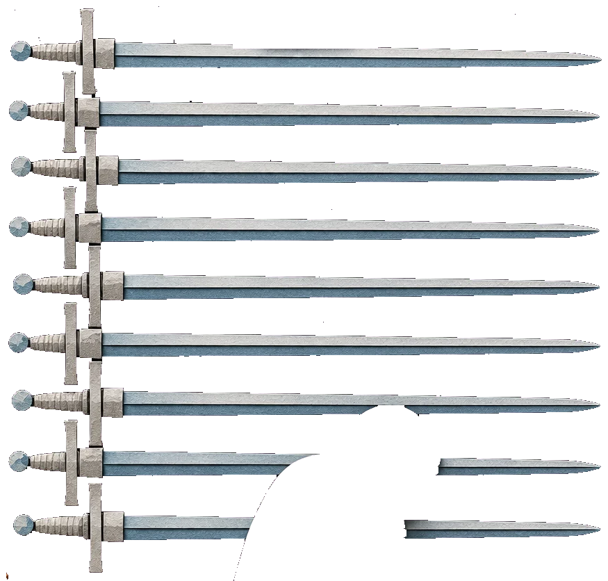Nine silver swords lying flat one above the other across a black background