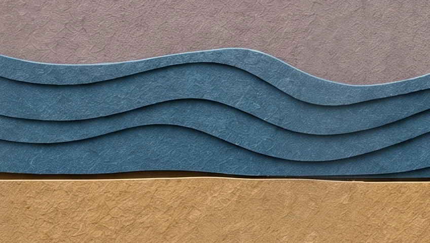 Wavy bands of dark and light blue sea behind the page's boots, above a strip of sand