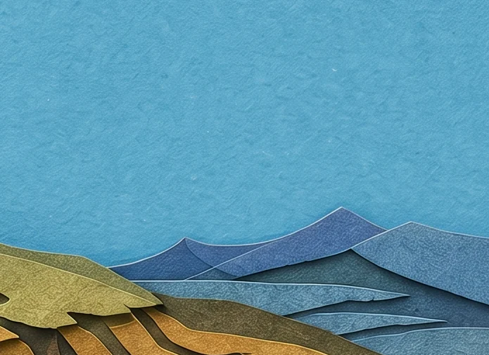 Rounded cream clouds over blue water and distant blue hills, above a green and ochre hilltop