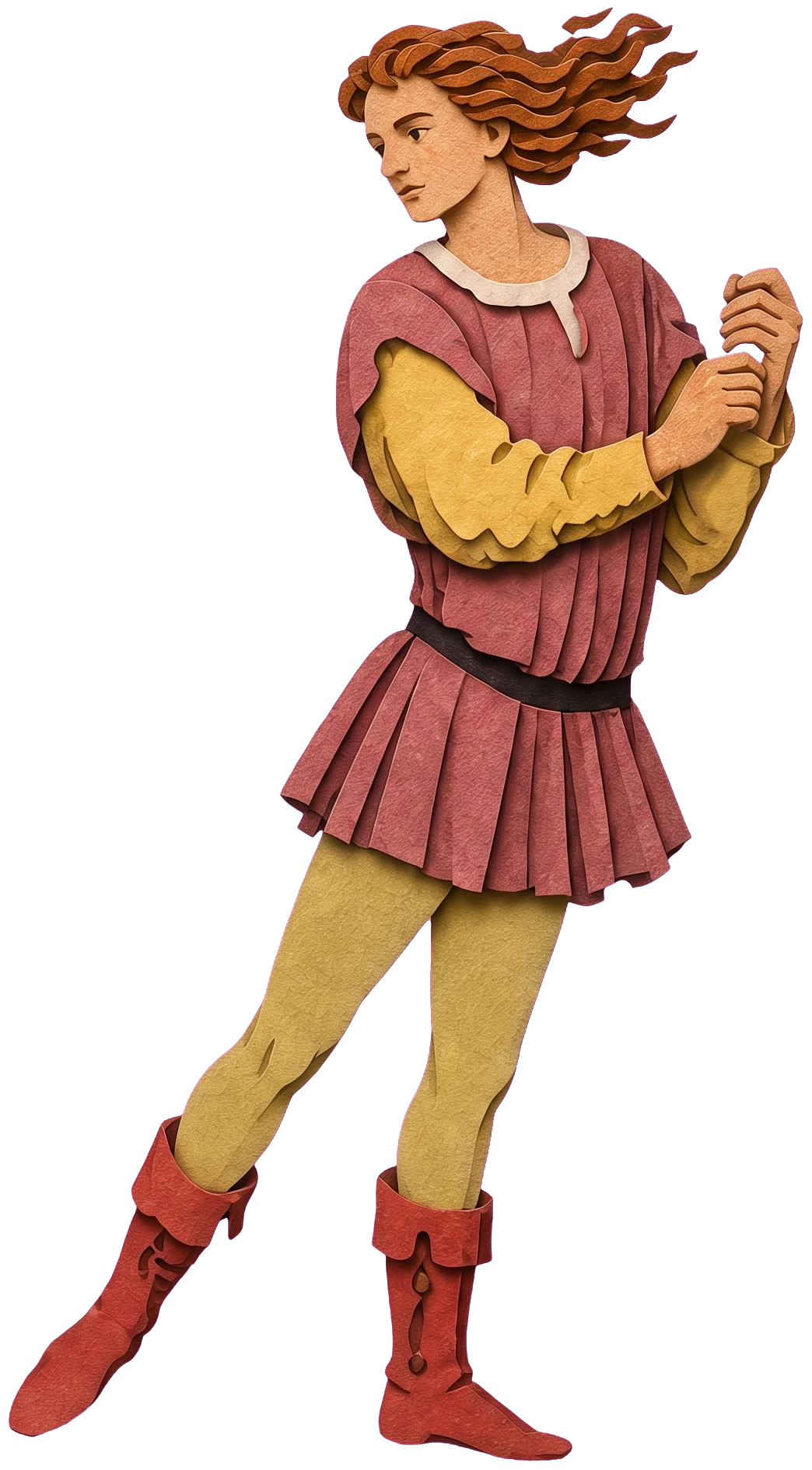 A youth in a red pleated tunic, yellow hose and red boots, striding forward with his legs wide apart