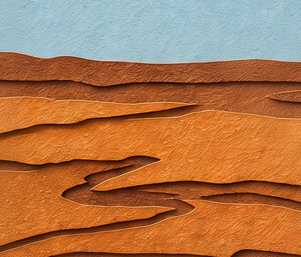 Orange desert ground in layered waves of rust and amber under a pale blue sky