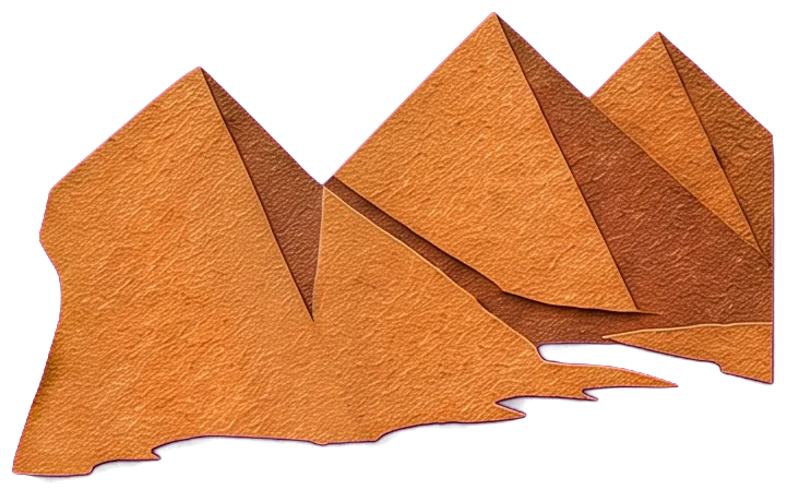 Orange pyramids rising from a red-brown desert behind the page