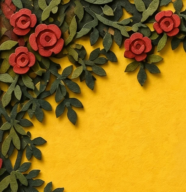 Red roses and dark green leaves arching over a bright yellow sky