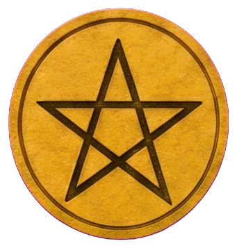 The queen's hands holding a large gold pentacle on her lap, over a red dress