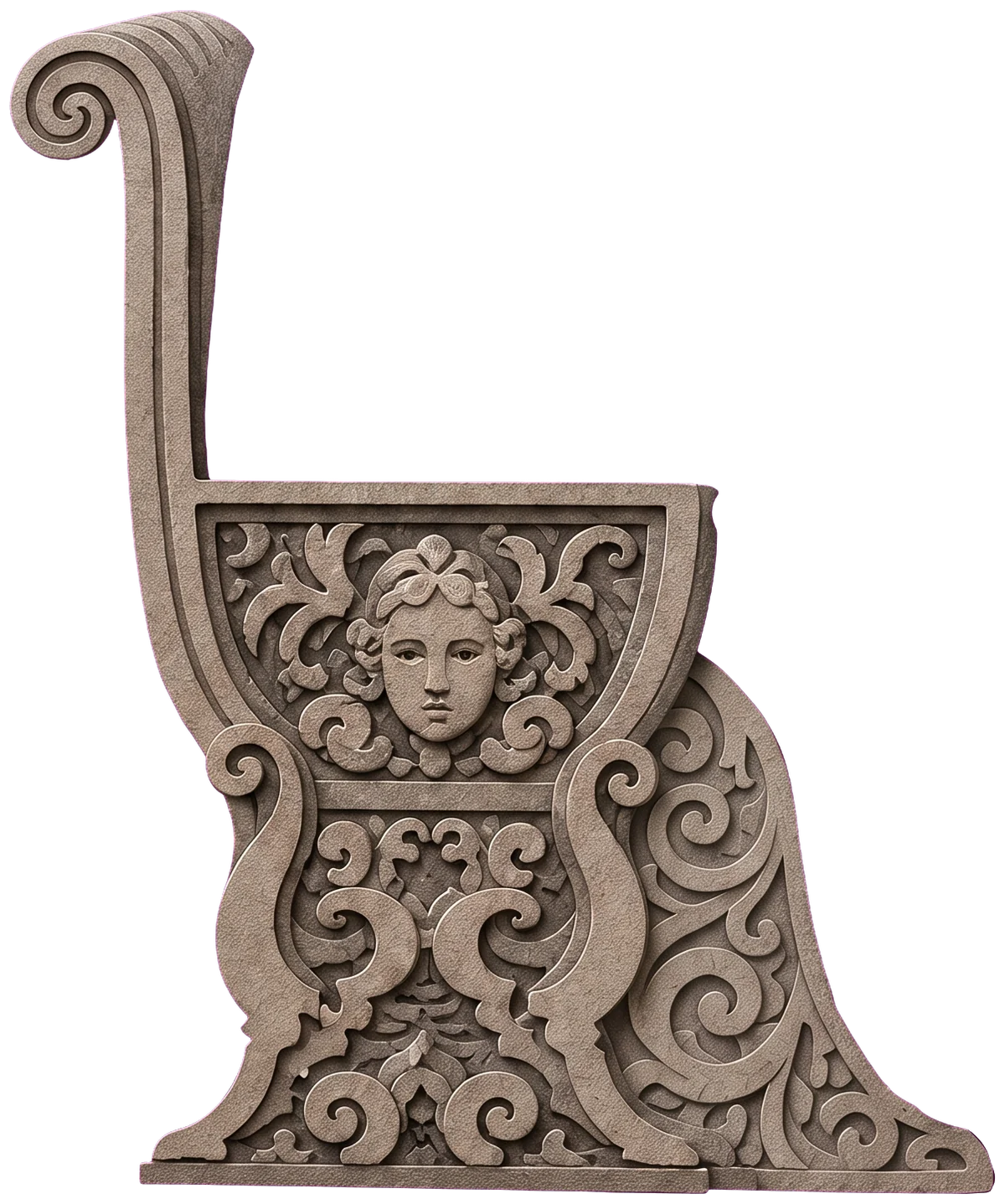 A grey stone throne carved with scrolls and a calm human face in its centre