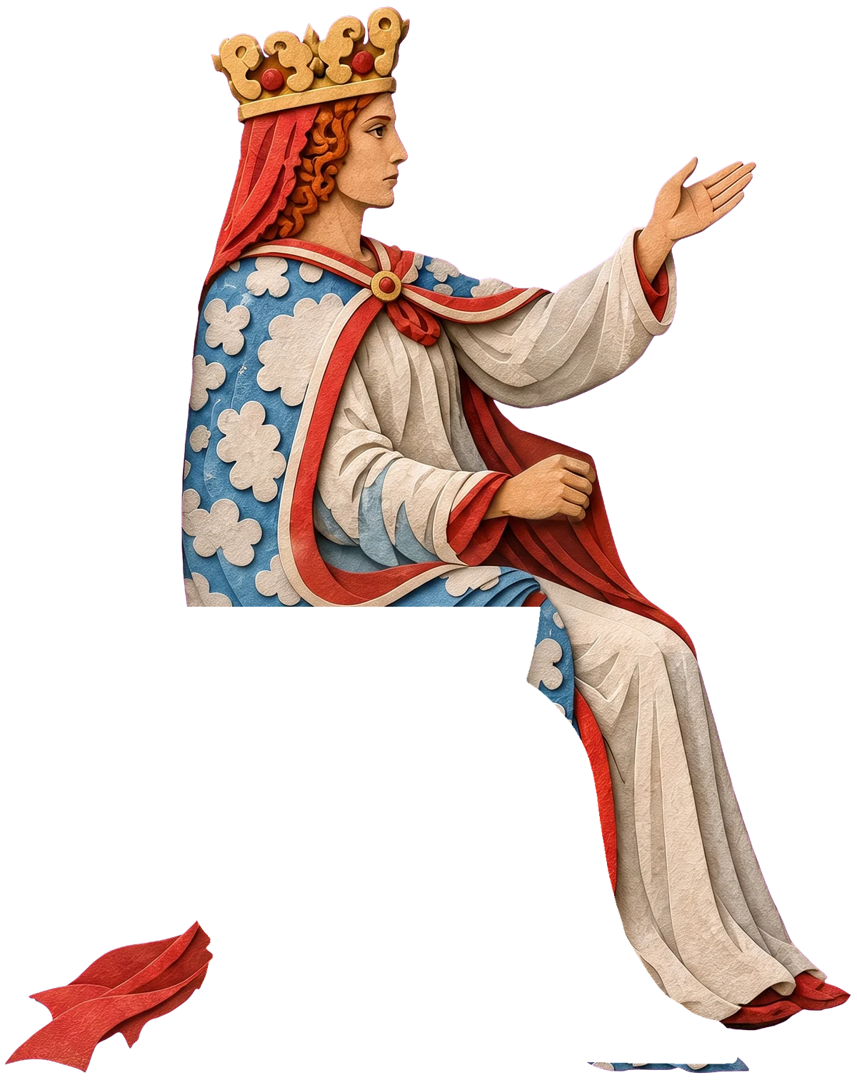 A queen in profile with a gold crown, red veil and curly red hair, her expression calm and serious