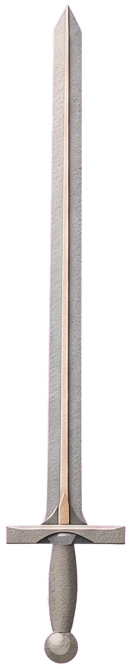 The upper half of a long silver sword held straight up against a plain blue sky