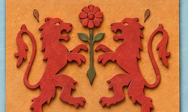 An orange banner with two red rampant lions and a red flower, with the top of the queen's leafy gold crown below