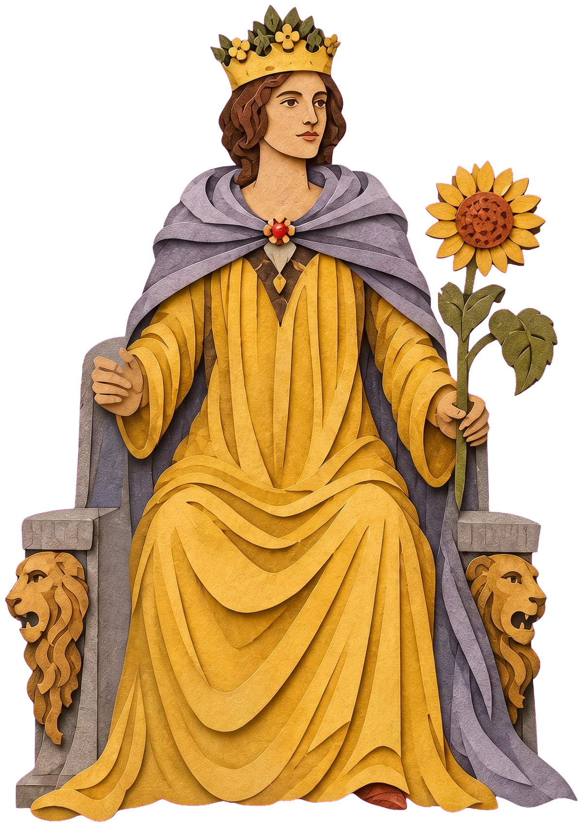 The queen in a leafy gold crown and lilac cape over a yellow dress, sitting upright with a sunflower at her side