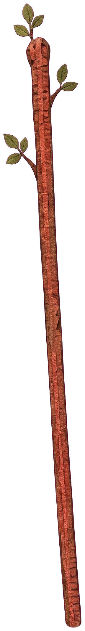 The top of the queen's tall wand with green leaves growing from it, against the blue sky