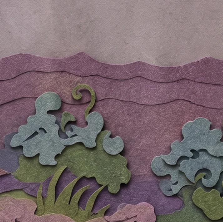 Purple and green rolling ground under a lilac-grey sky, with the young man's boots and a golden pentacle in front