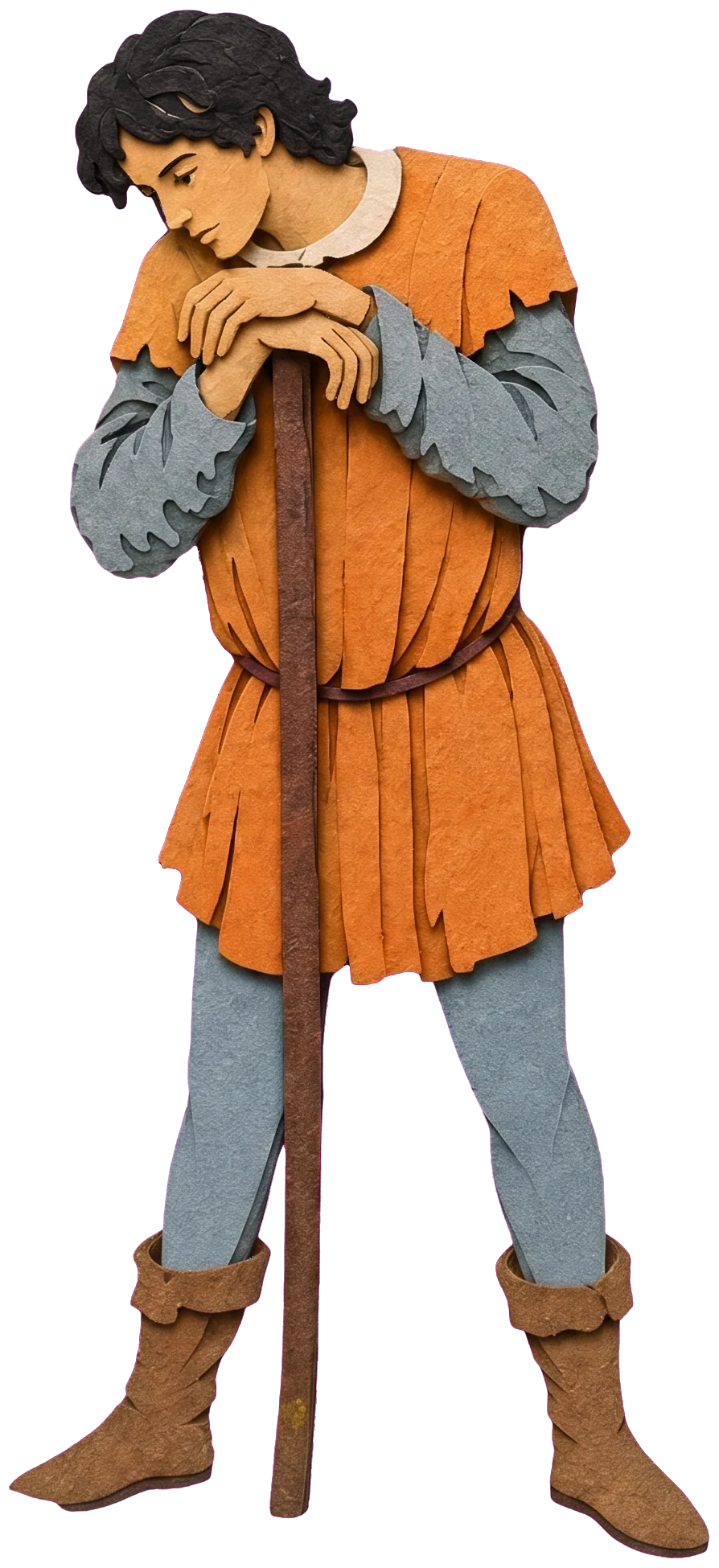 A young man with dark curly hair in an orange tunic, resting his folded hands and head on top of his staff