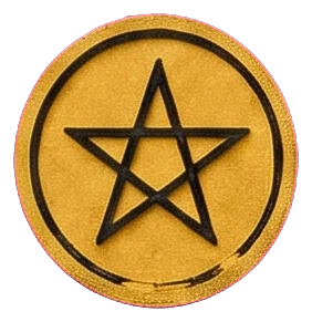 A single golden pentacle lying among curling green shoots between the young man's brown boots