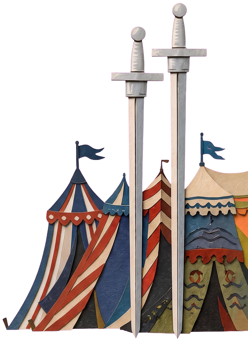 Striped red, white and blue tents with a small blue flag, and two swords standing upright in the ground in front of them