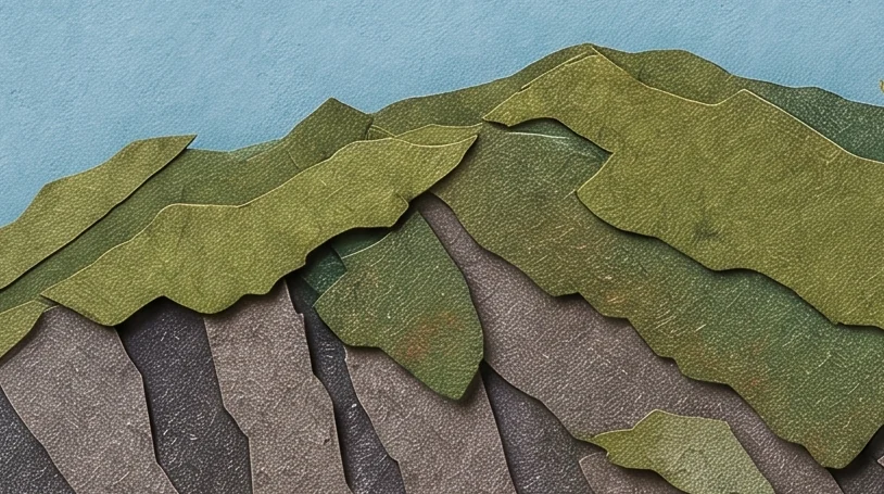 Layered green and grey rocks at the bottom of the card, with the bases of the wands