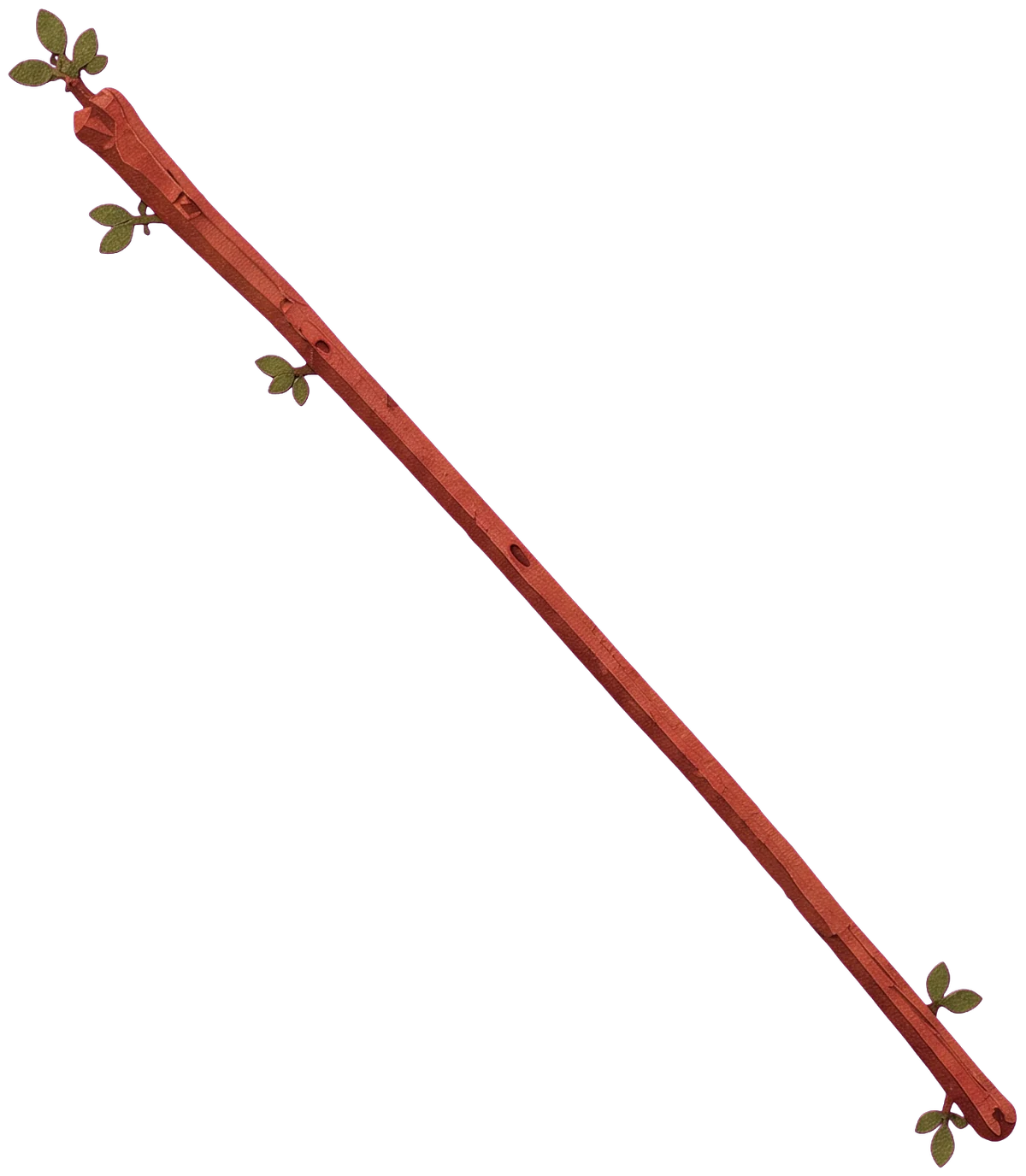 A red-brown staff with green buds held diagonally across the young man's body, gripped in both hands