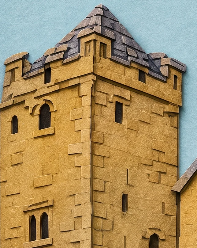 A tall square stone tower with battlements and a slate roof, and a golden cup of white flowers on a stone pillar in front of it