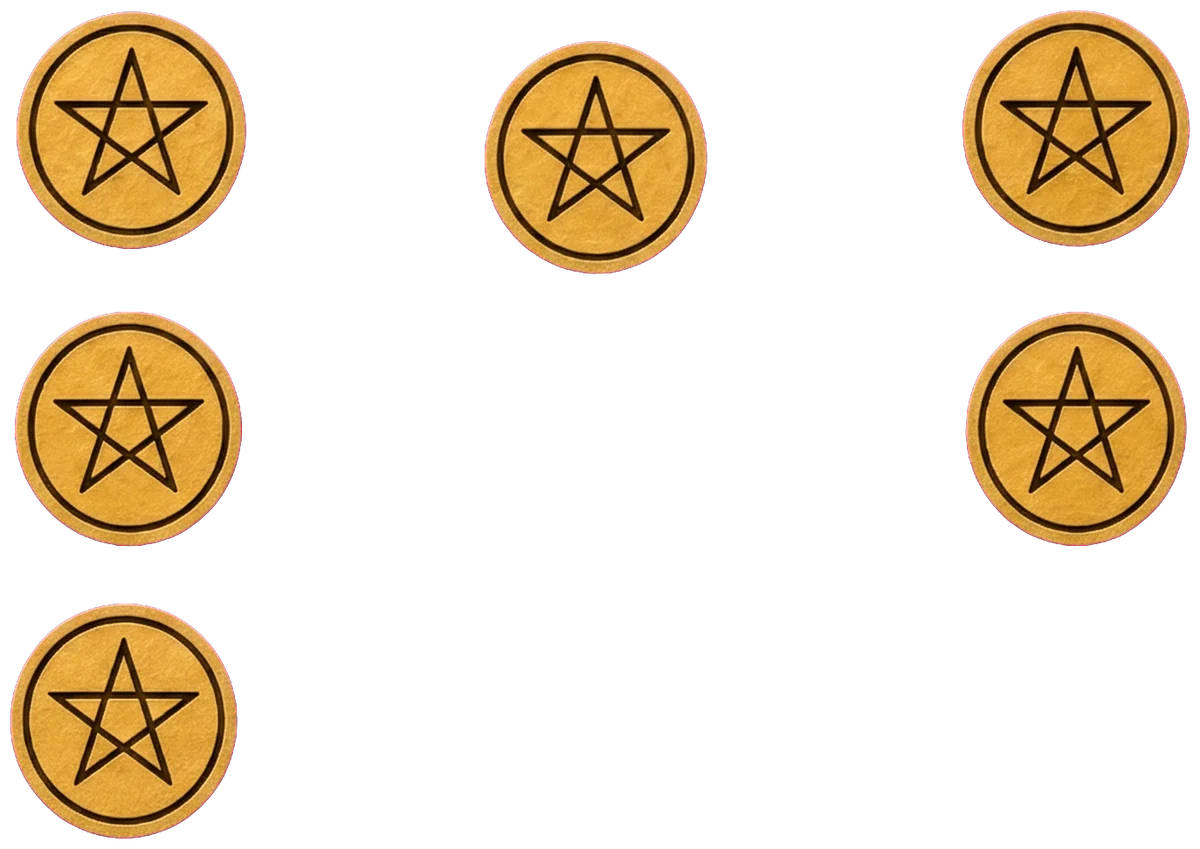Golden pentacles floating in a column on the left against a lilac-grey sky, with more along the top