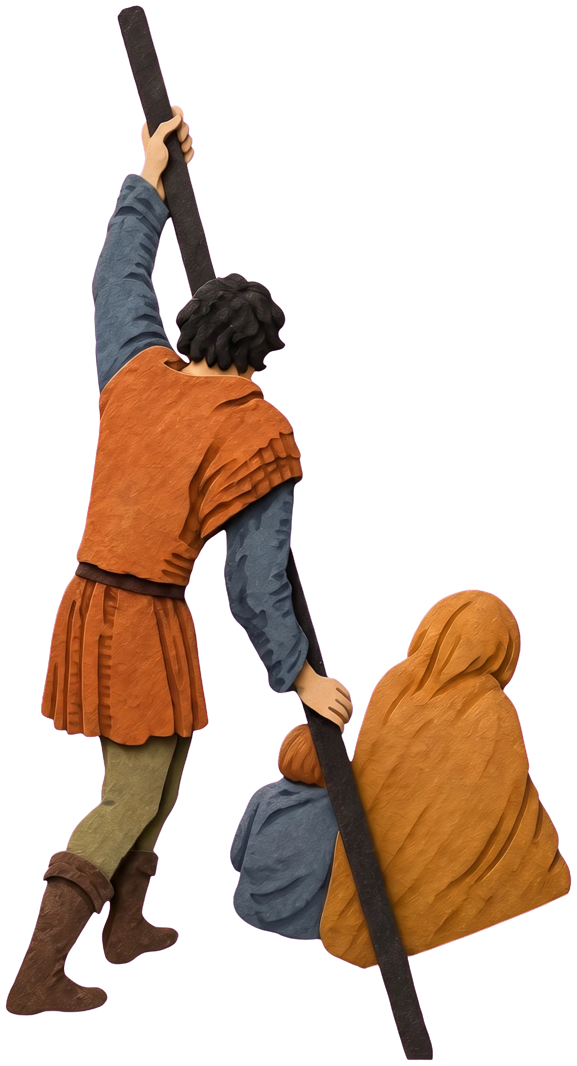 A man in an orange tunic and blue sleeves, seen from behind, raising a long dark pole high above his head