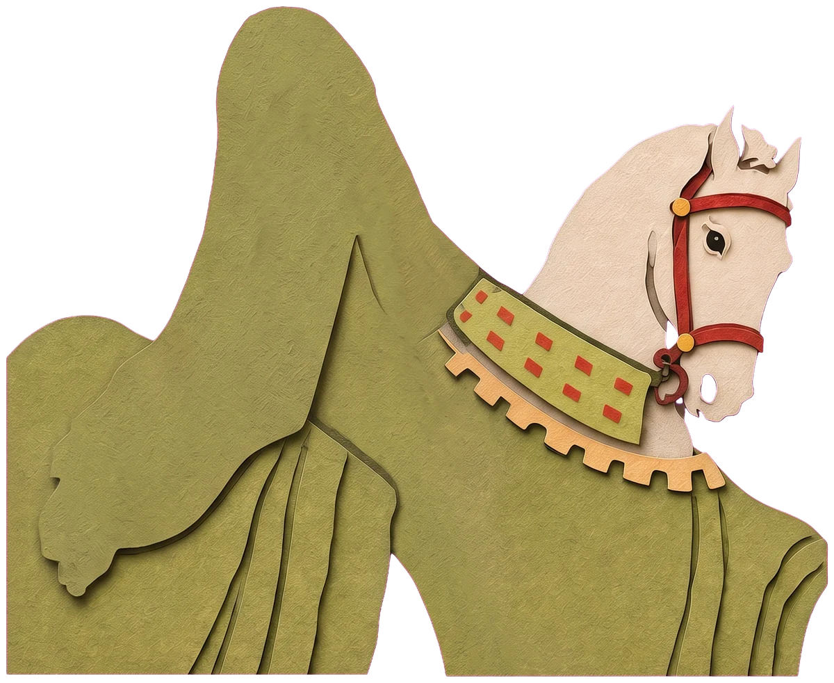 A white horse with a red bridle and a green cloth with red squares over its neck