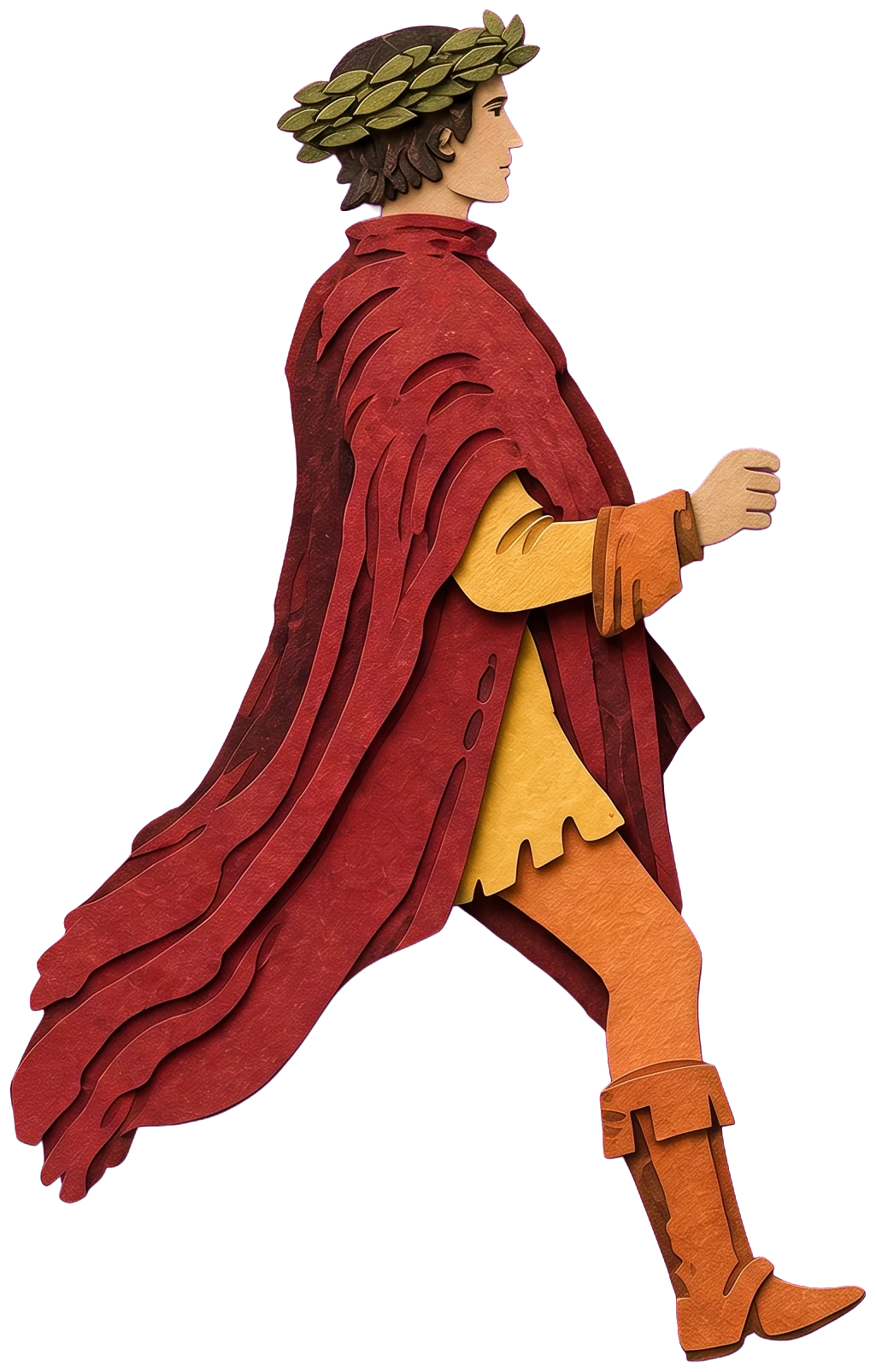 A young man in a laurel crown and a red cloak, riding and holding a tall wand
