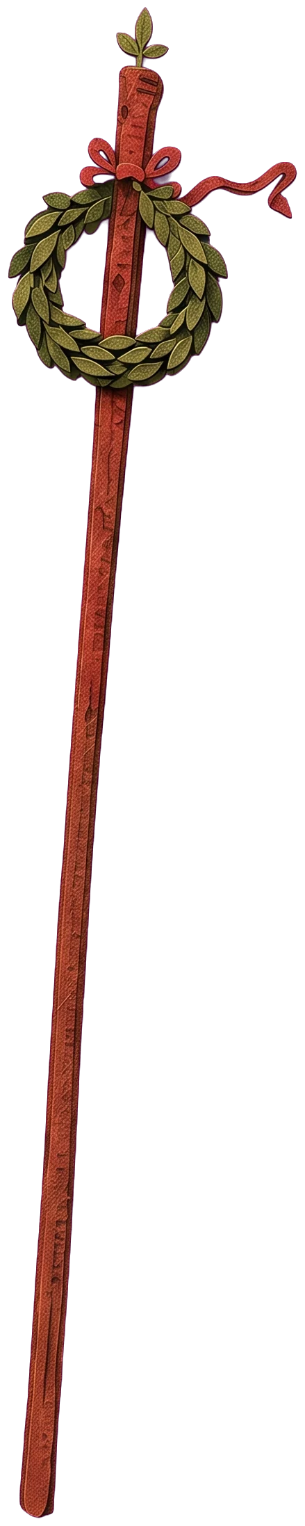 A green laurel wreath tied with a red ribbon to the top of a tall red-brown wand