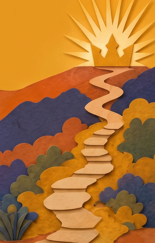 A winding path of pale stones climbs the hills toward a rising sun with a crown inside it