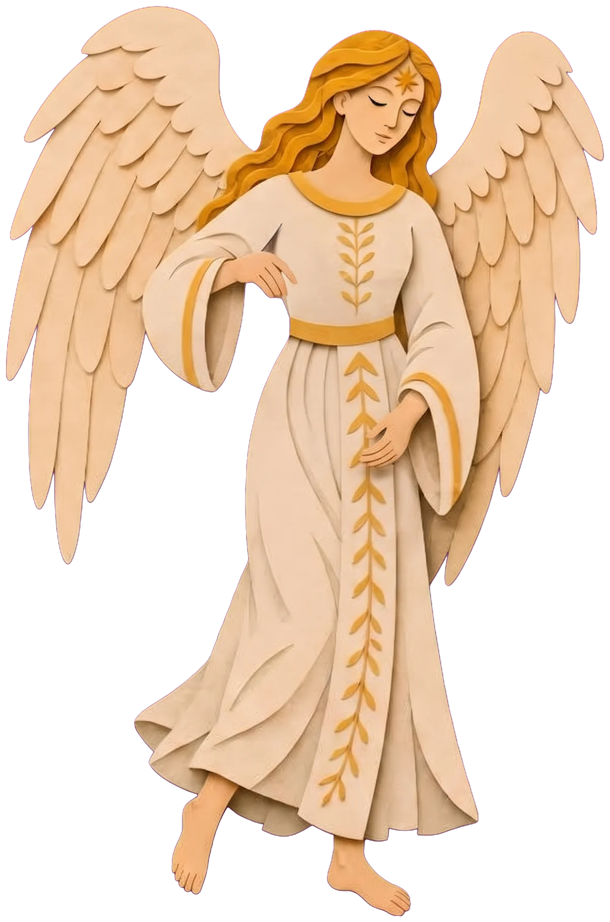 The angel's calm face with closed eyes, a small star on the forehead, a halo and large cream wings