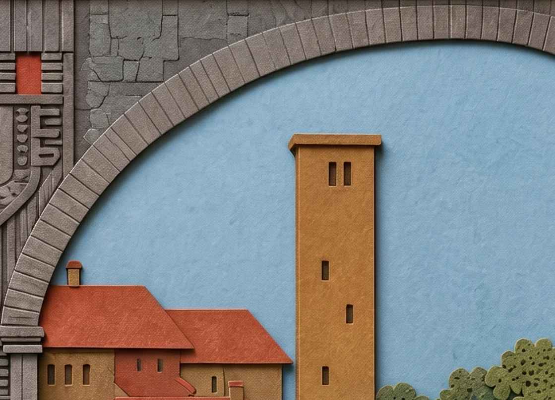 A grey stone archway framing a blue sky, a tall brown tower and red-roofed buildings, with gold pentacles across the scene