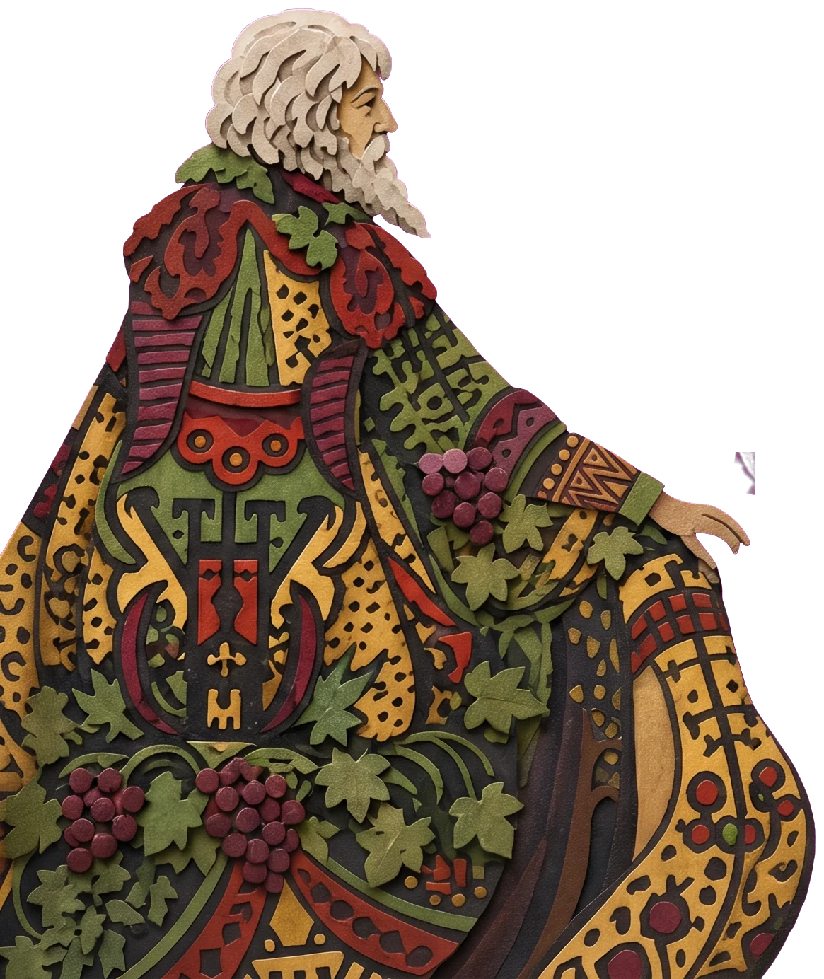 An old man with white hair and a white beard in a richly patterned robe, a gold pentacle beside him