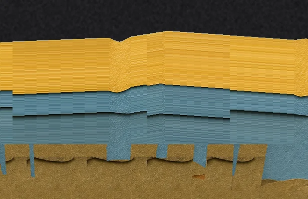 A band of yellow above a band of blue water, behind the upright sword blades