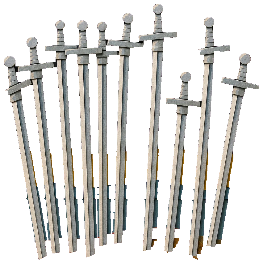 Ten silver swords standing upright in a row against a black sky, their blades driven down out of sight