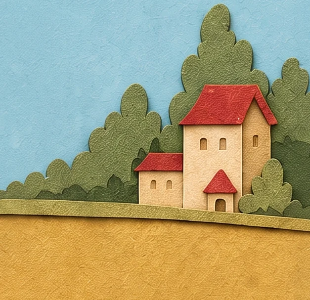 Green trees and a small cream house with red roofs on flat yellow ground under a pale blue sky