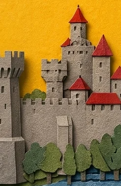Grey castle walls and towers with red roofs behind the chariot, next to a tall yellow gate tower.