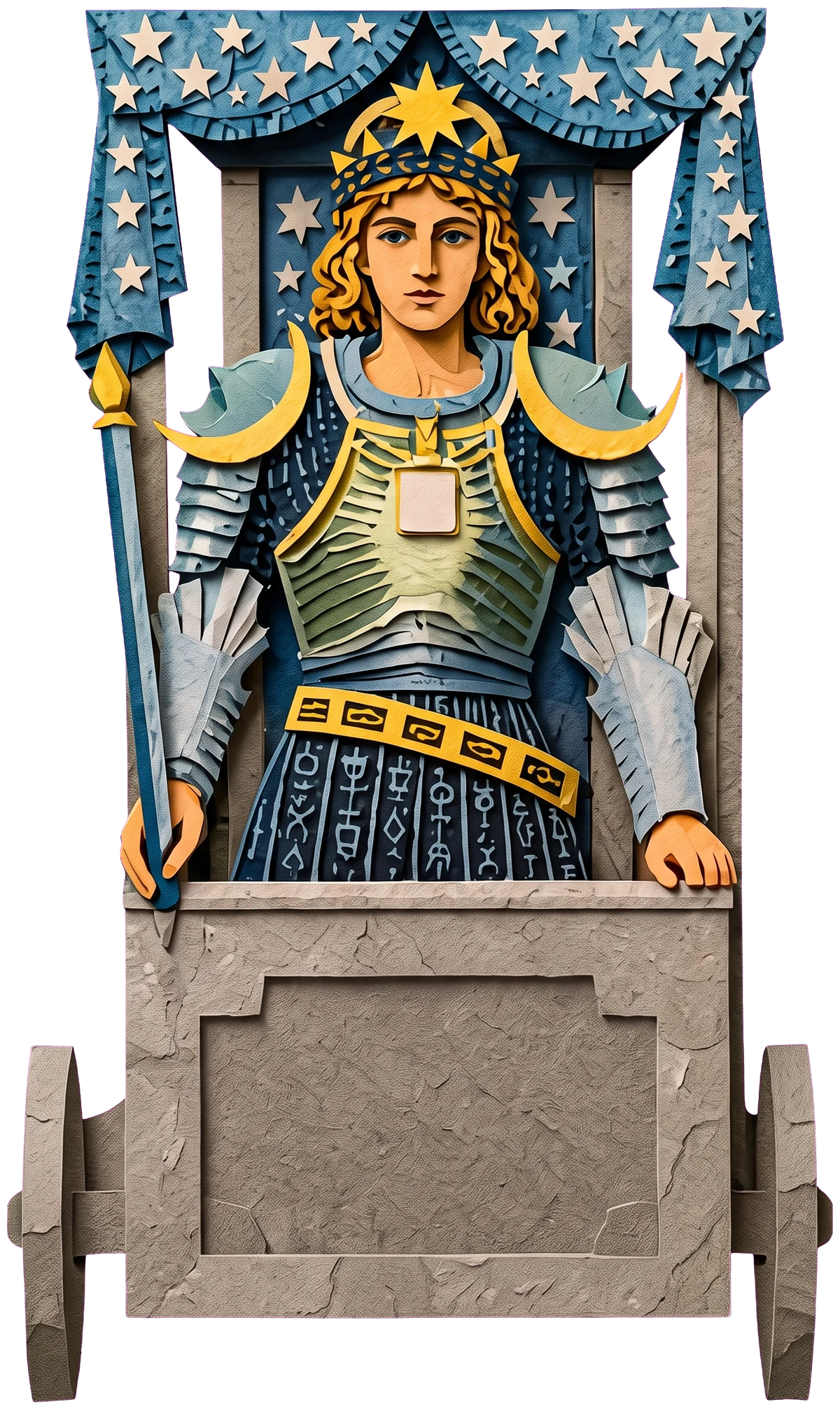 A young charioteer in armour under a blue canopy of stars, with a star on his crown, a gold crescent on each shoulder and a sceptre in his right hand.