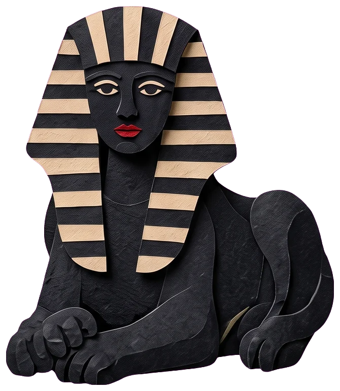 A black sphinx in a black and cream striped headdress, lying in front of the chariot with its paws together.