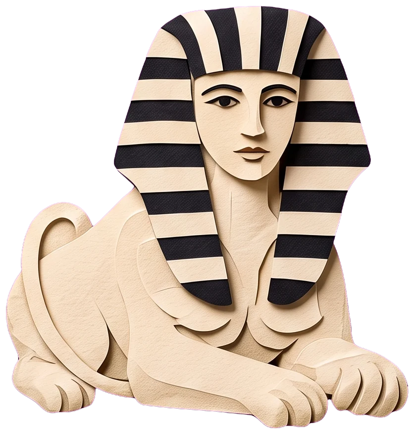 A cream white sphinx in a black and cream striped headdress, lying in front of the chariot.