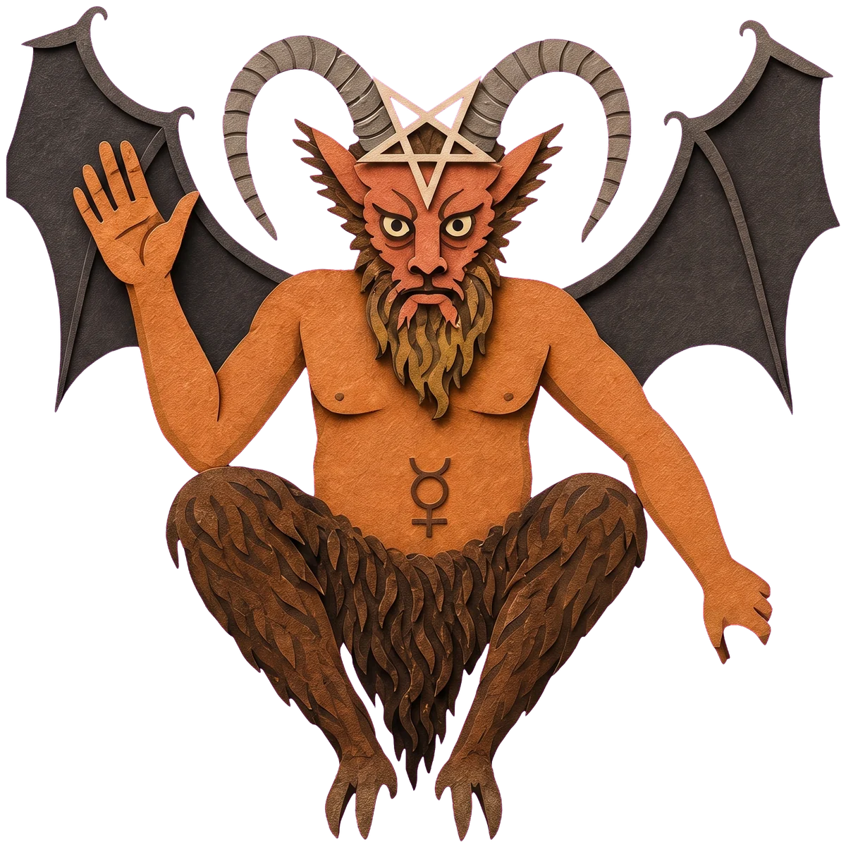 The Devil's horned, bearded face with an upside-down pentagram on the forehead and his right hand raised, bat wings behind
