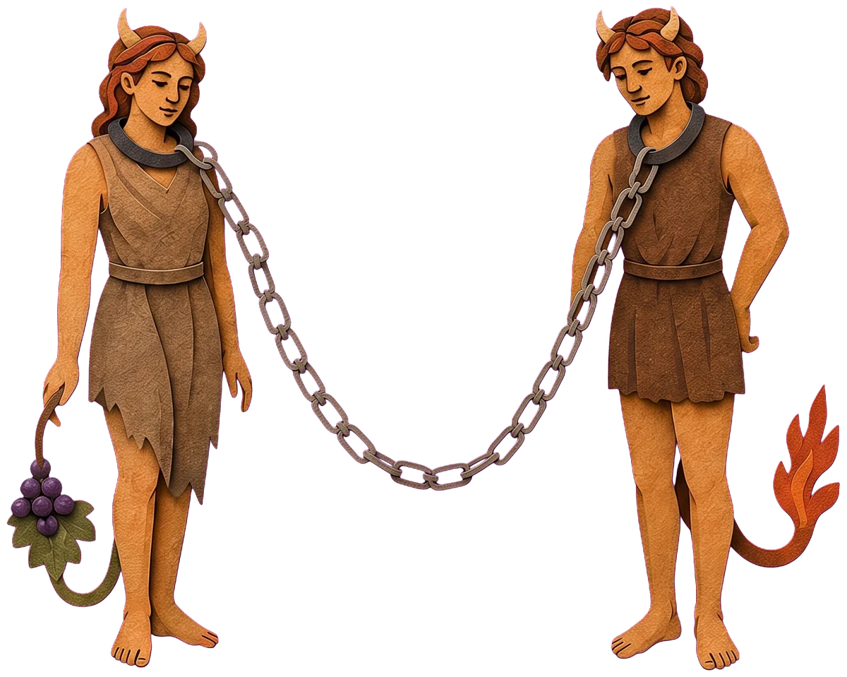 A horned woman with a grape-tipped tail, chained by the neck to an iron ring on the black altar