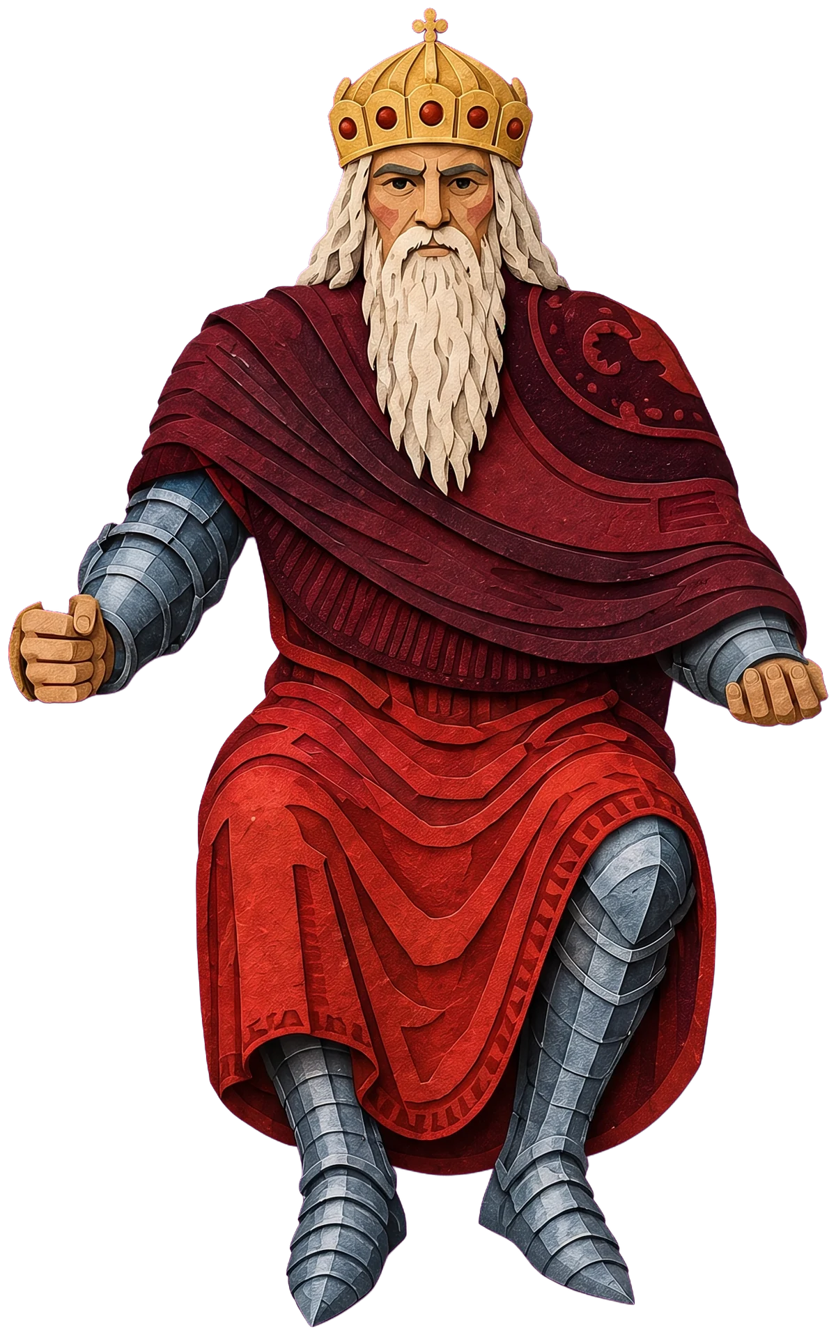 The Emperor's stern face with a long white beard under a gold crown set with red stones, against the grey stone throne