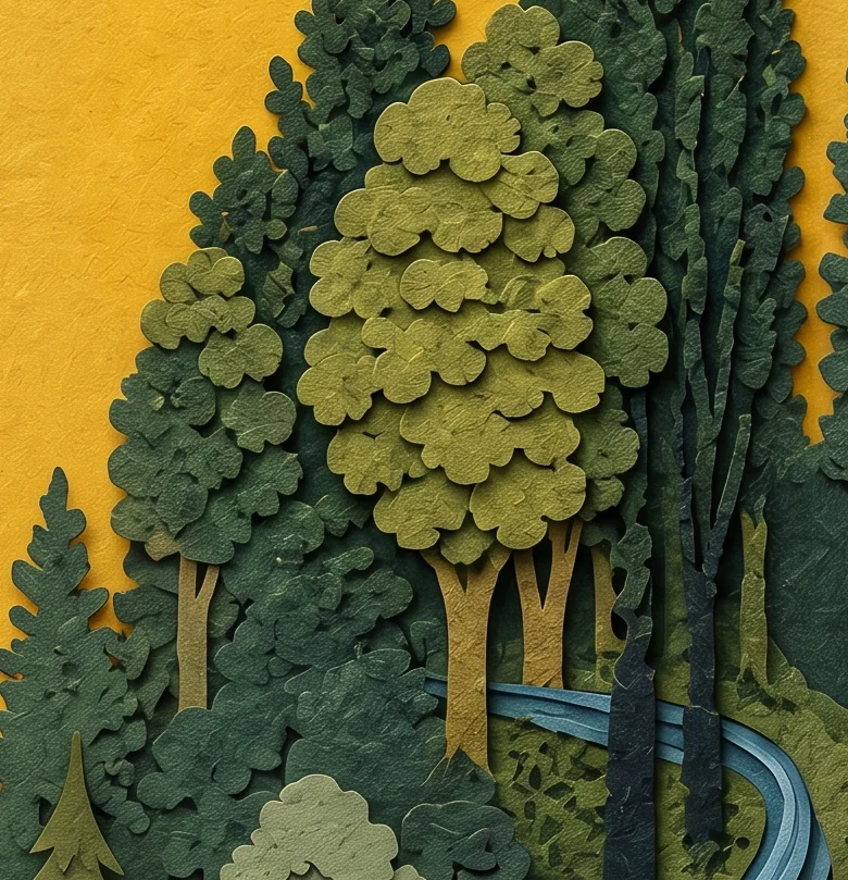 A blue waterfall running down beside the Empress's white dress patterned with pomegranates