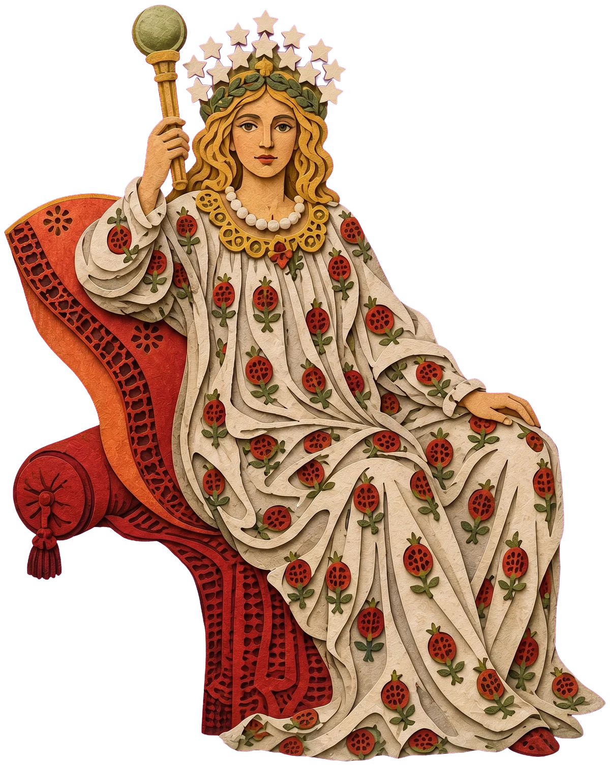 The Empress on a red cushioned throne in a white dress patterned with red pomegranates, wearing a crown of white stars and raising a sceptre topped with a globe