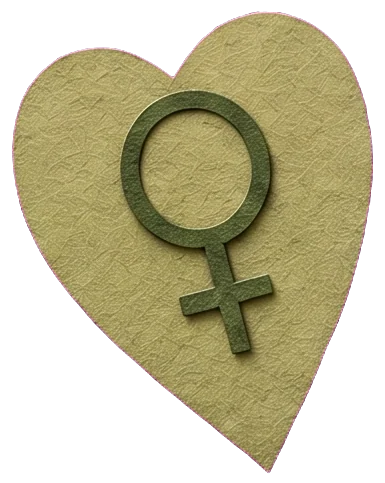 A pale green heart-shaped shield with the symbol of Venus, resting among stalks of wheat