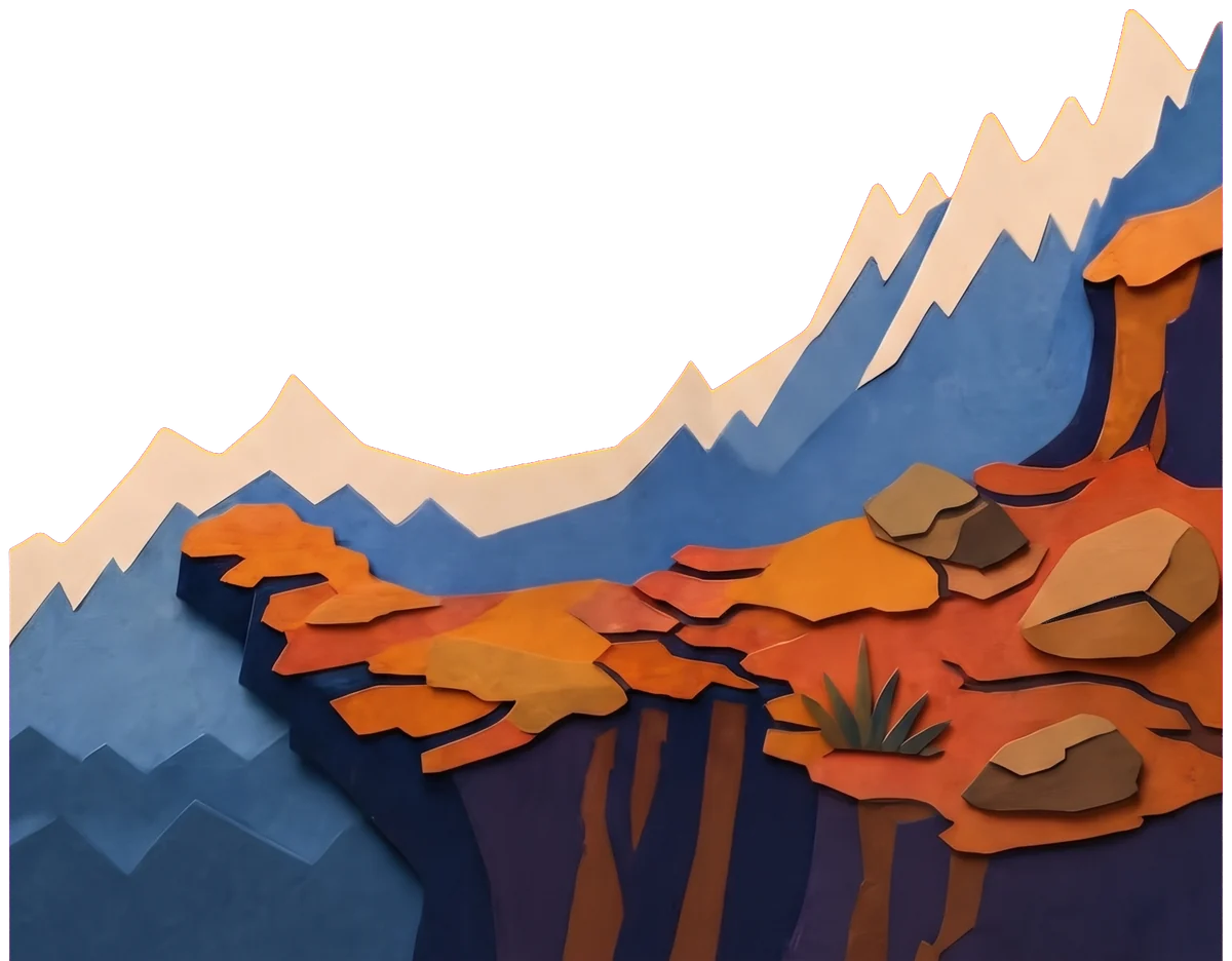 The Fool's boots on a broken orange rock ledge, with snowy blue mountains below and behind