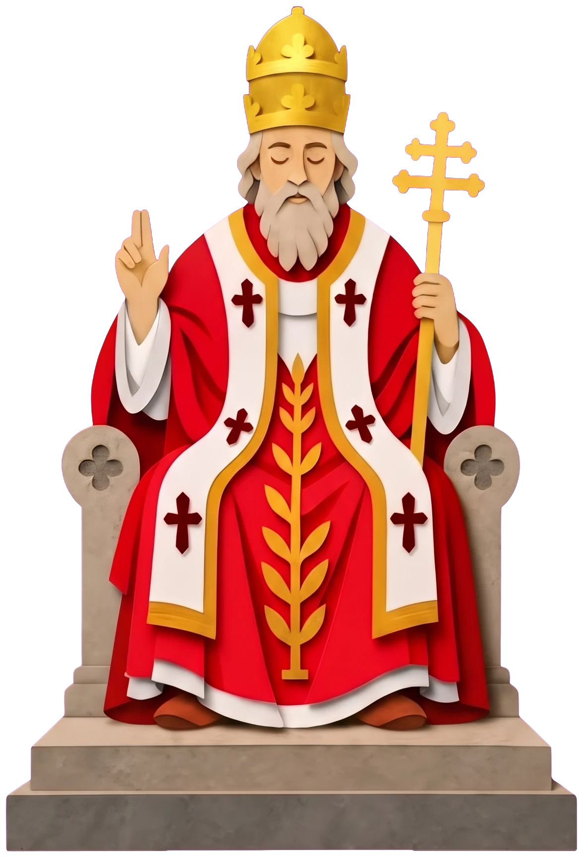 The Hierophant in a tall gold crown and red and white robes, eyes closed, raising two fingers of his right hand in blessing