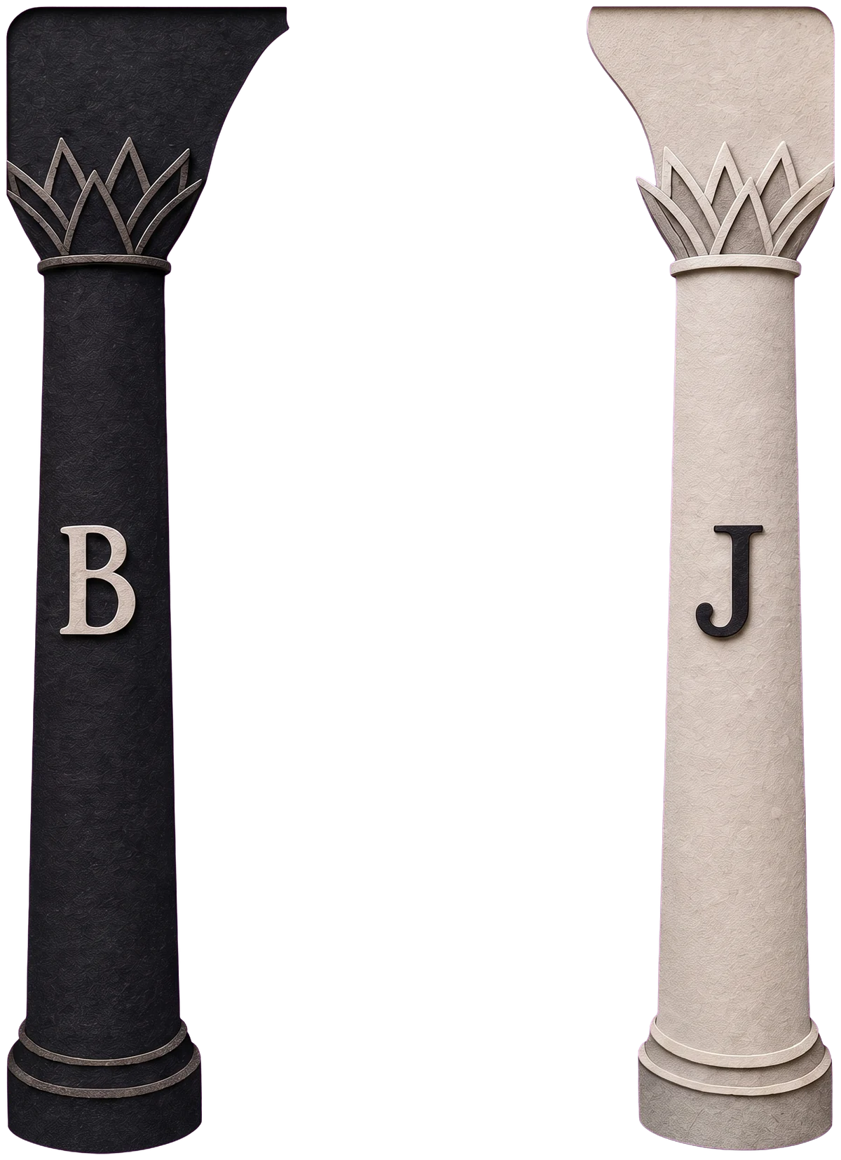 A black pillar marked B and a white pillar marked J on either side of the High Priestess in her pale blue robes
